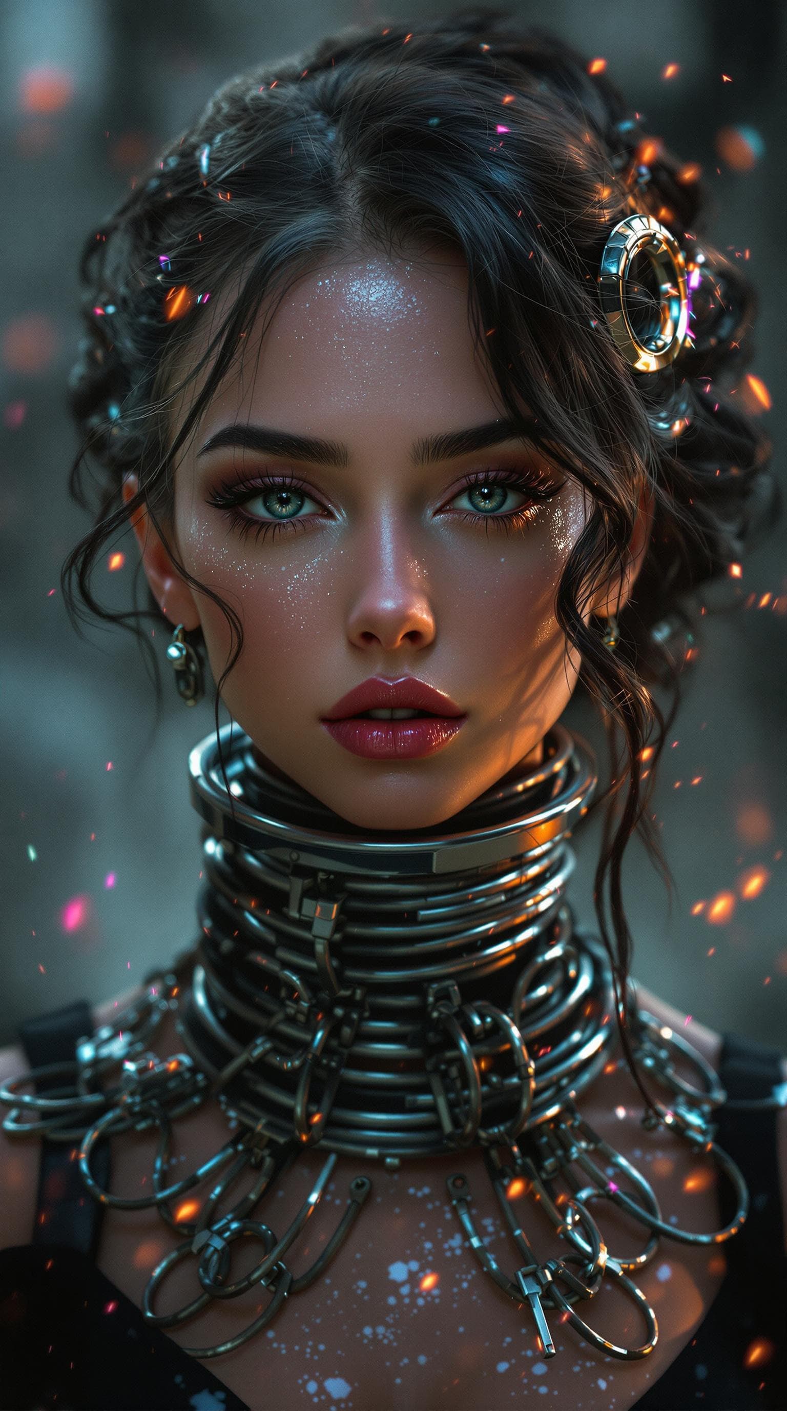 AI generated: 28 year old women wears a tight steel corset. Steel neck rings arround her extra long neck
Full pict...