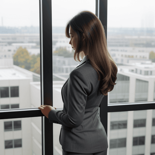 AI generated: young girl in a business suit of dark gray color, light shirt, medium-length dark-blond hair tucked ...