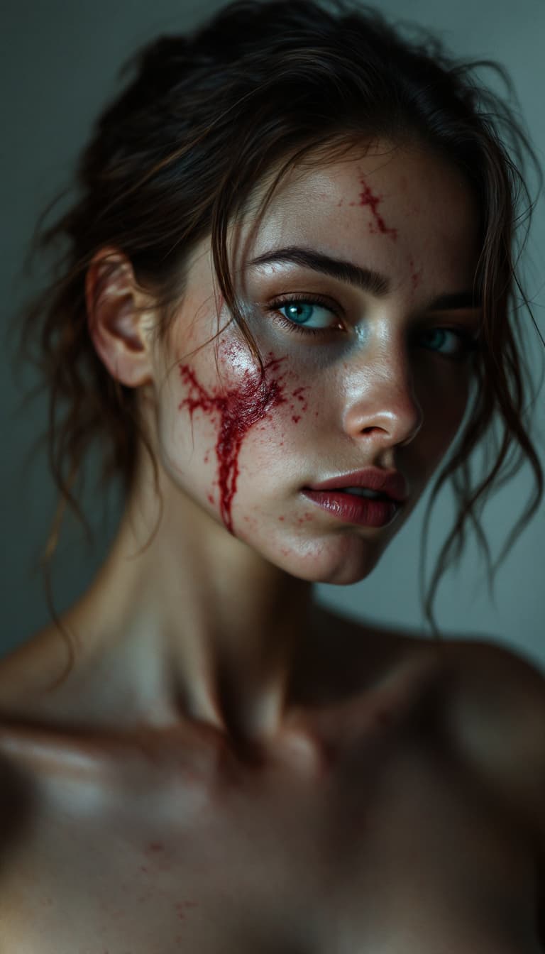 AI generated: high-resolution photograph, woman, ugly scar in the face, exposed body,  stunning use of shadows, in...