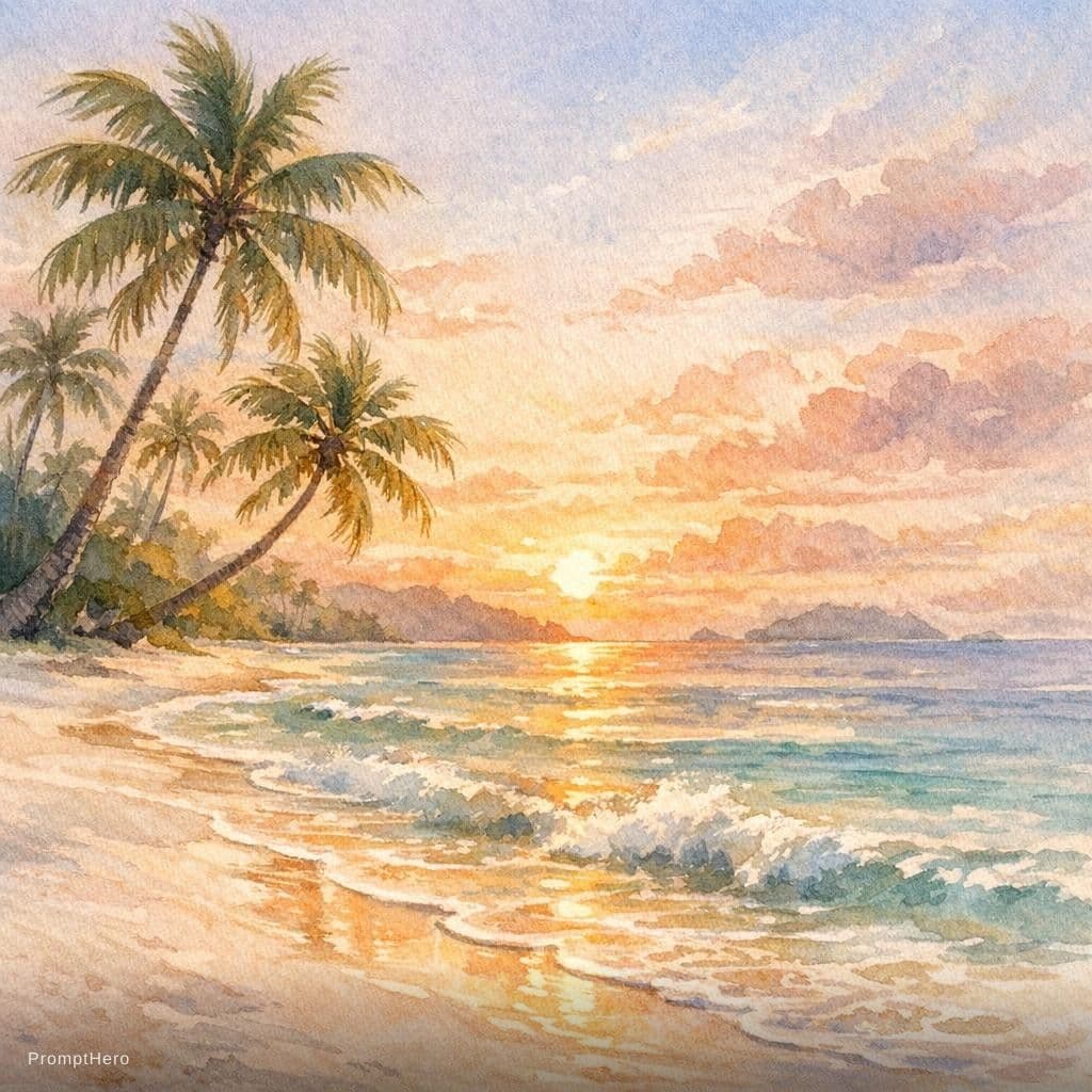 AI generated: watercolor painting of a serene tropical beach, soft pastel colors, gentle waves, white sand, palm t...