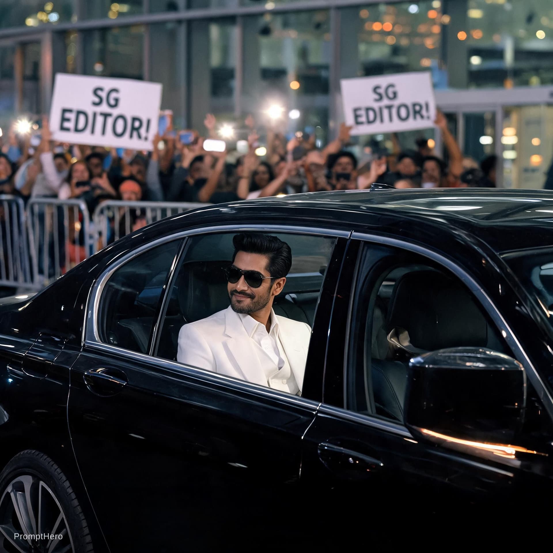 AI generated: “A cinematic, ultra-realistic celebrity arrival sequence shot on ARRI Alexa with anamorphic lenses, ...