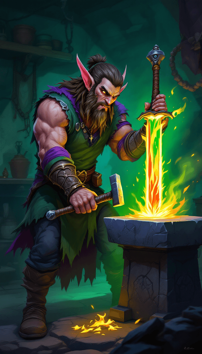 AI generated: A stylized digital painting of a high-elf blacksmith, wielding a hammer to shape a glowing, fiery sw...