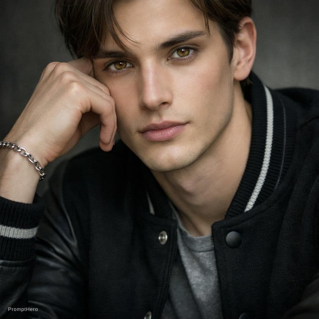 AI generated: A fit 24-year-old man with a clean-shaven face, delicate and somewhat feminine features, and honey-c...
