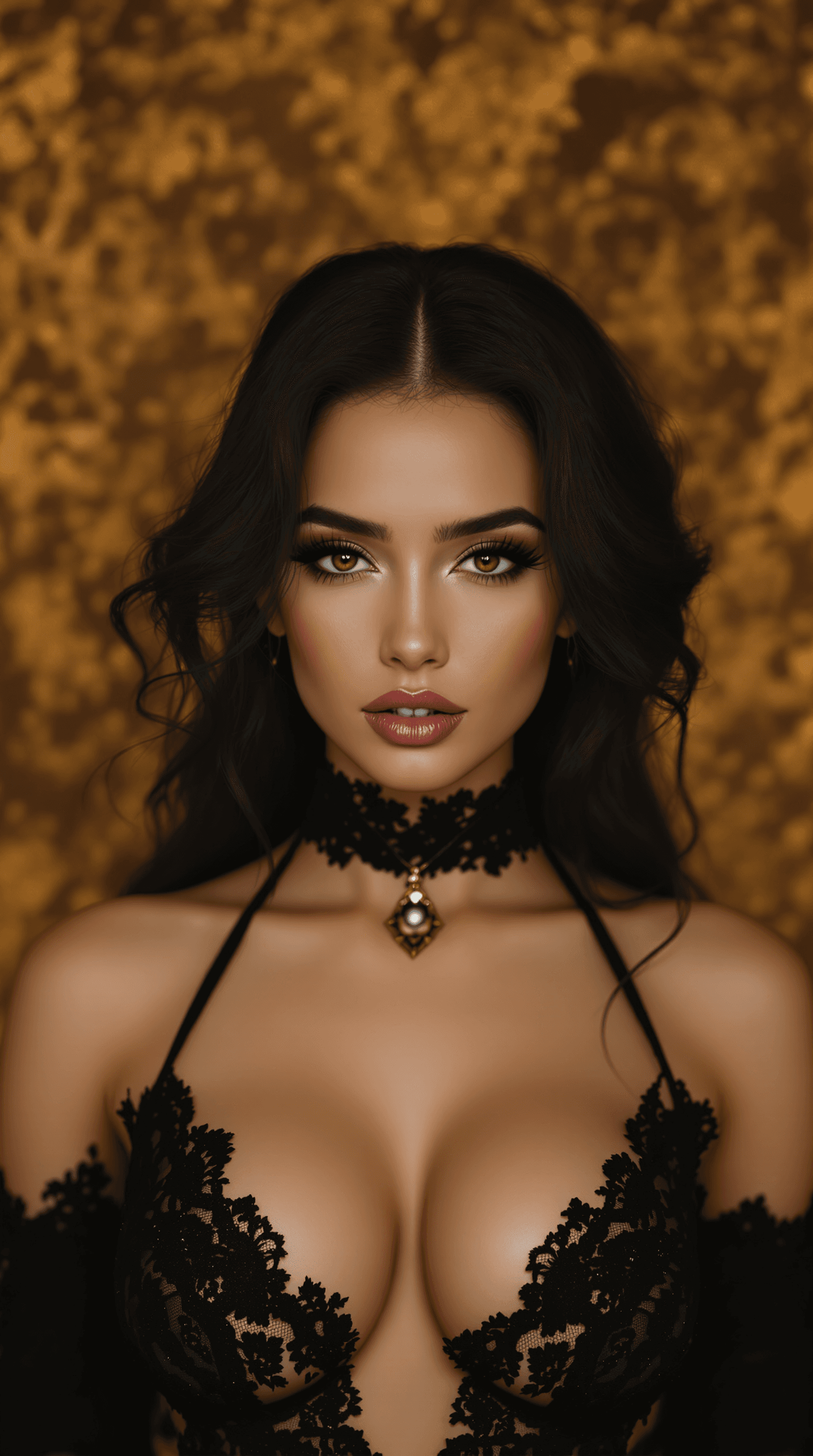 AI generated: a stunning portrait of a woman in a frontal pose, exuding confidence and allure. She has long, volum...
