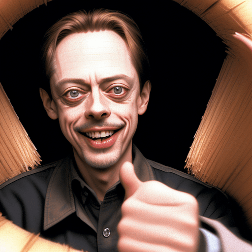 AI generated: steve buscemi smiling like an absolute maniac with both of his thumbs up as he is being put into a w...