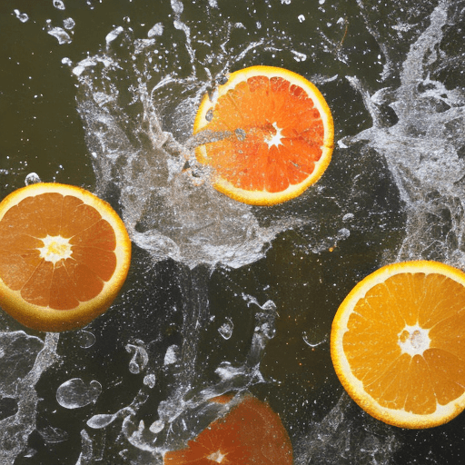 AI generated: Ultradetailed photo of a citrus fruits falling into water