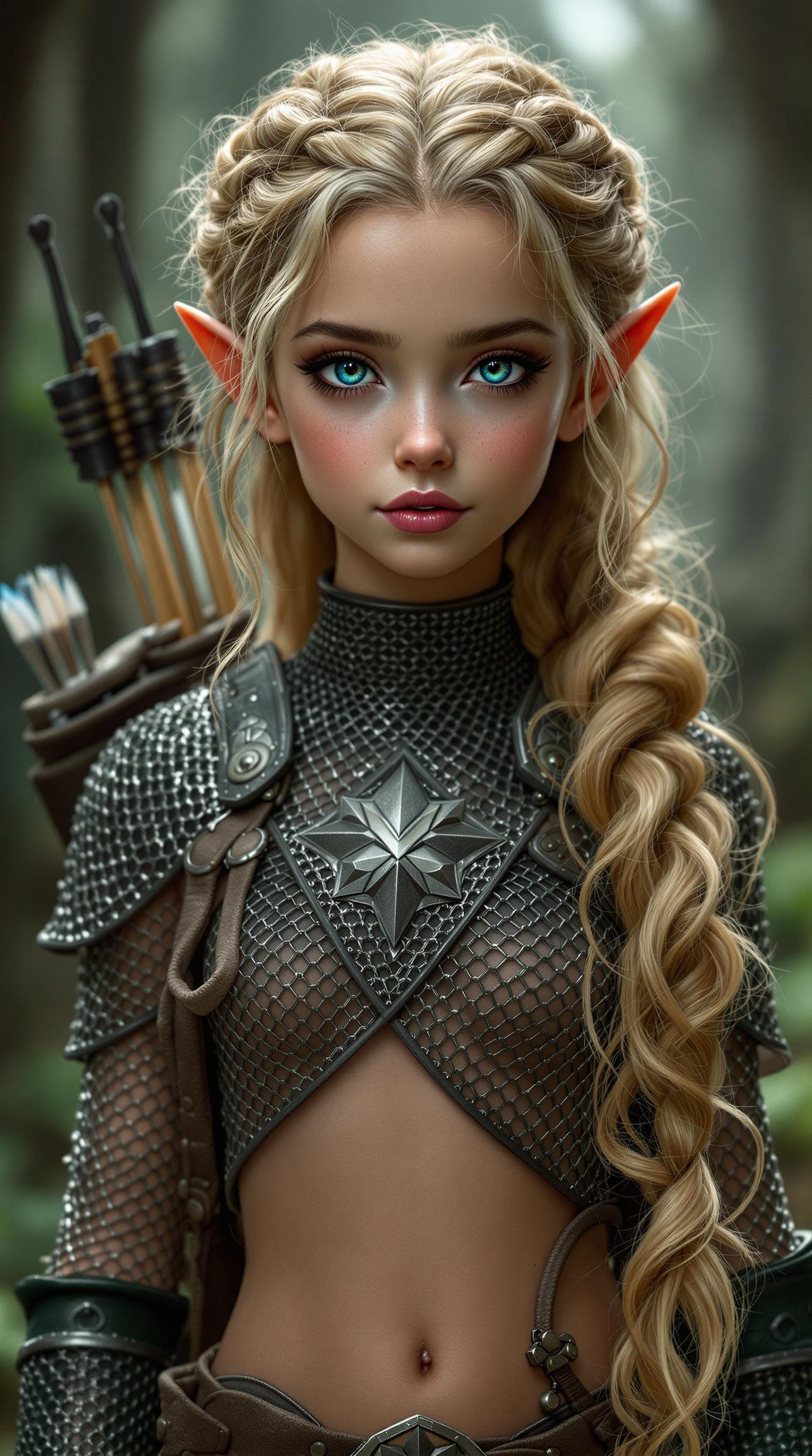 AI generated: A professional photograph of most beautiful girl in the world, a six year old short-eared elf, captu...