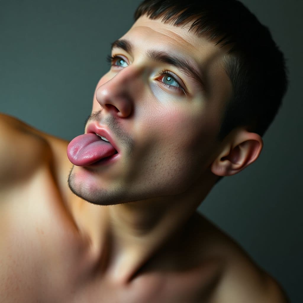 AI generated: Eurasian man licking man penis, 20yo, naked, goth look, sqaure cut shortbob haircut, smooth hairs, h...
