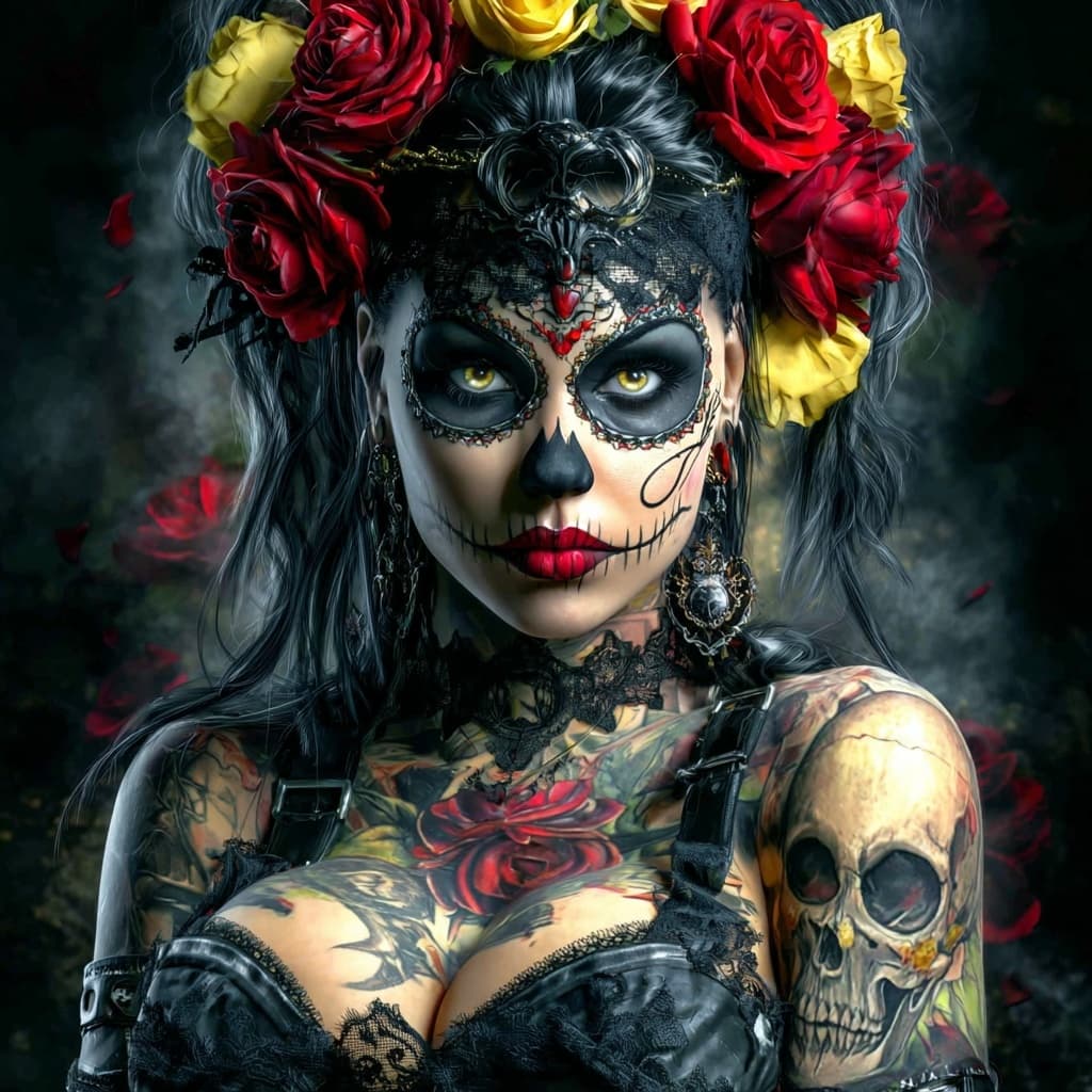 AI generated: Sugar skull woman, Día de los Muertos makeup, roses in hair, skull shoulder tattoo, gothic accessori...