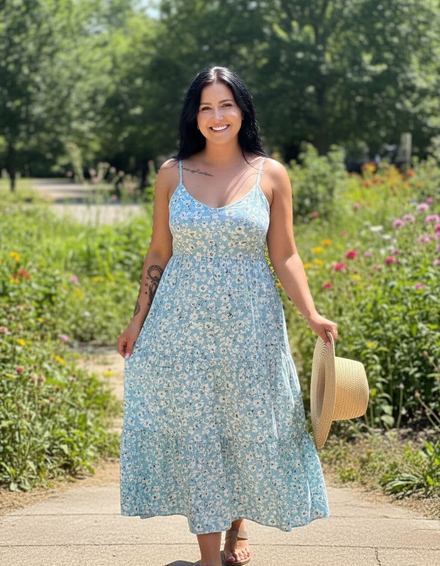 AI generated: Images of referenced images woman in a sundress on a hot summers day
