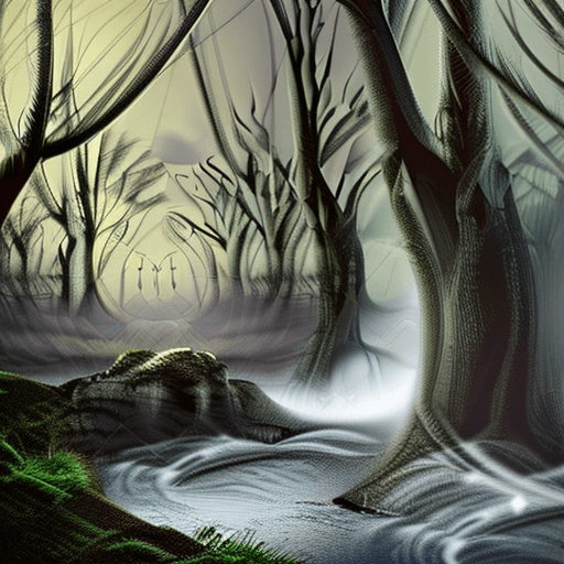 AI generated: night in an ancient dark fantasy magical forest, a wide river with whirlpools, white water, waterfal...