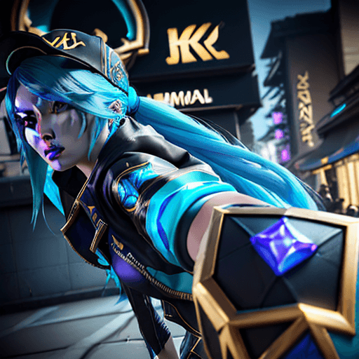AI generated: League of legends K/DA Akali, outdoor, street, ice blue, hyperrealism, photorealistic, 8k, unreal en...