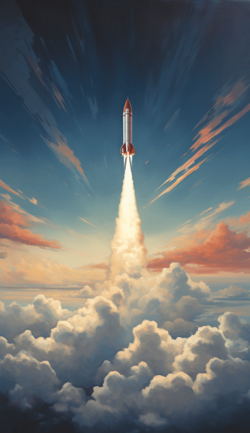 AI generated: an illustration of a rocket ship soaring through the sky, in the style of richly detailed genre pain...