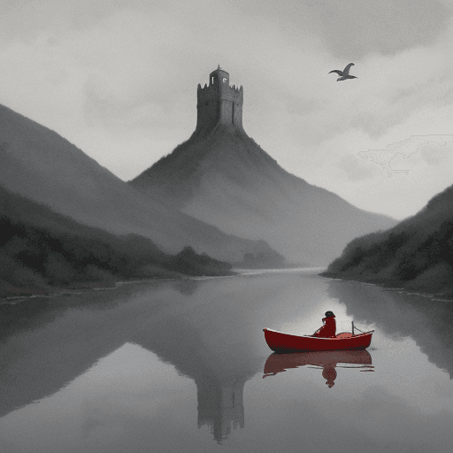 AI generated: 1 person in red is sitting in a boat on the river, the river is beside a mountain, there is a tower ...