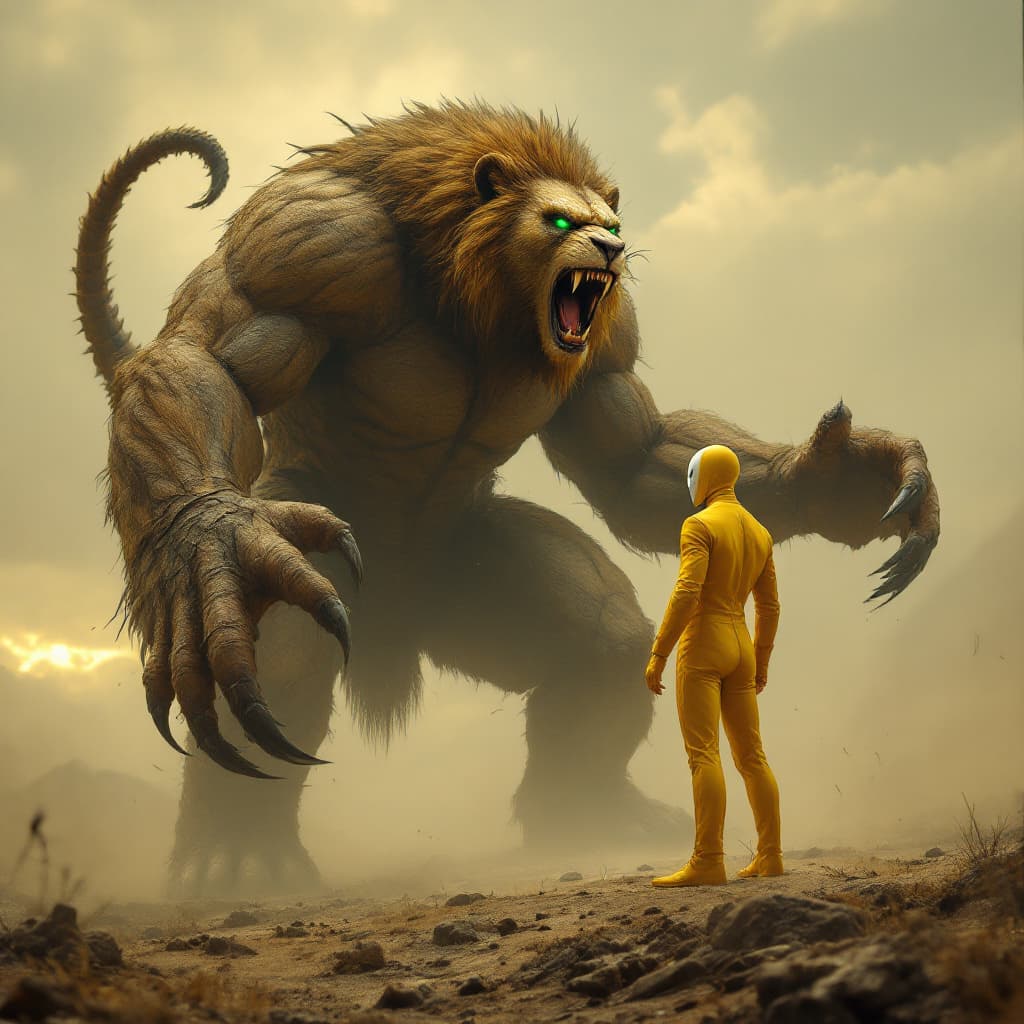 AI generated: In the midst of a vast, desolate battlefield, our hero in a striking yellow suit stands tall, facing...