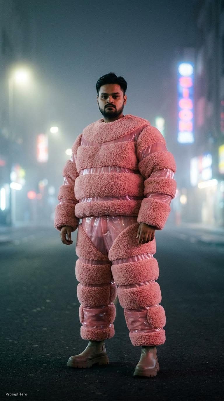 AI generated: fashion photography, man model in full-body, front central view, wearing an oversized fluffy and vin...