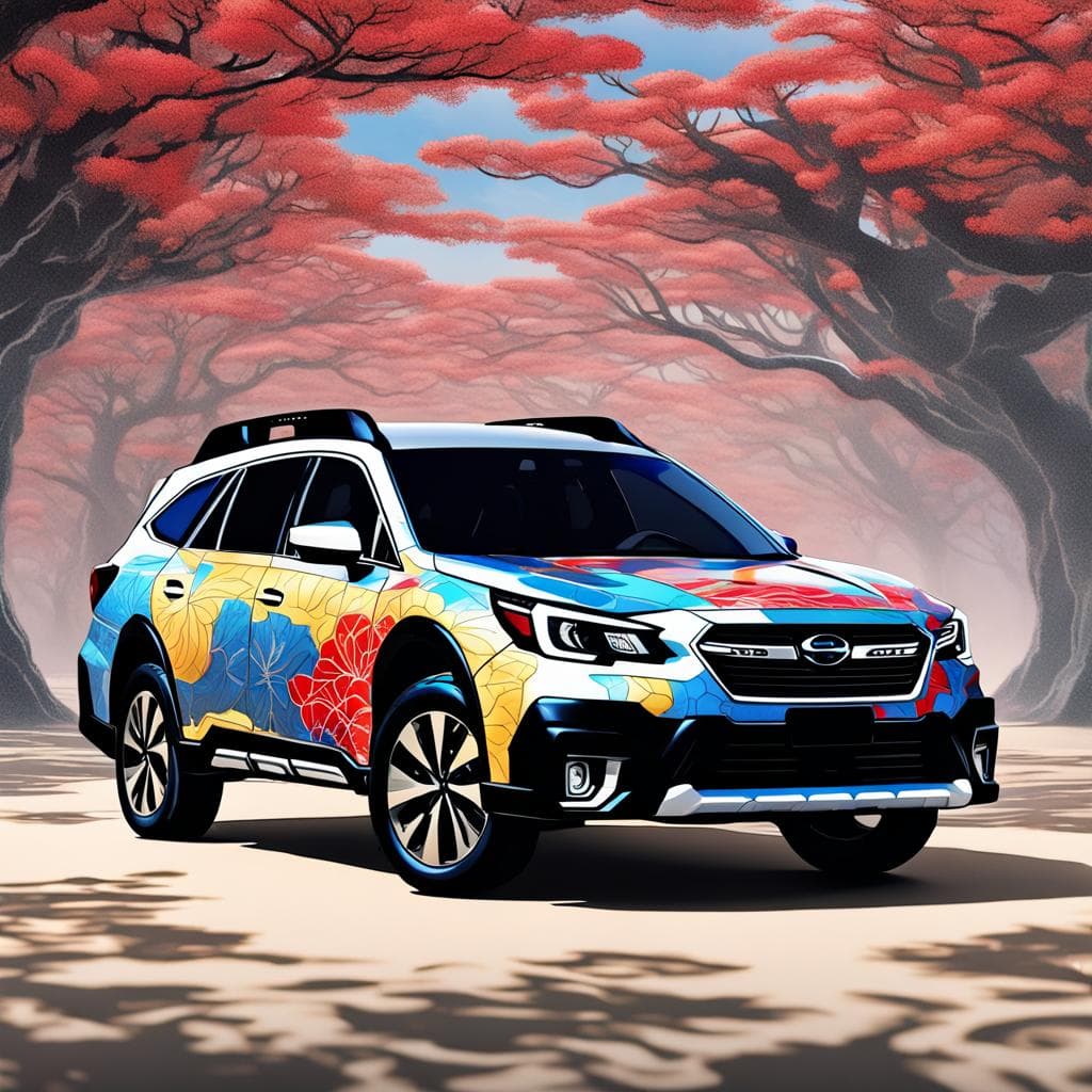 AI generated: a highly detailed and intricate paint pattern for a 2021 Subaru Outback, inspired by classic Japanes...
