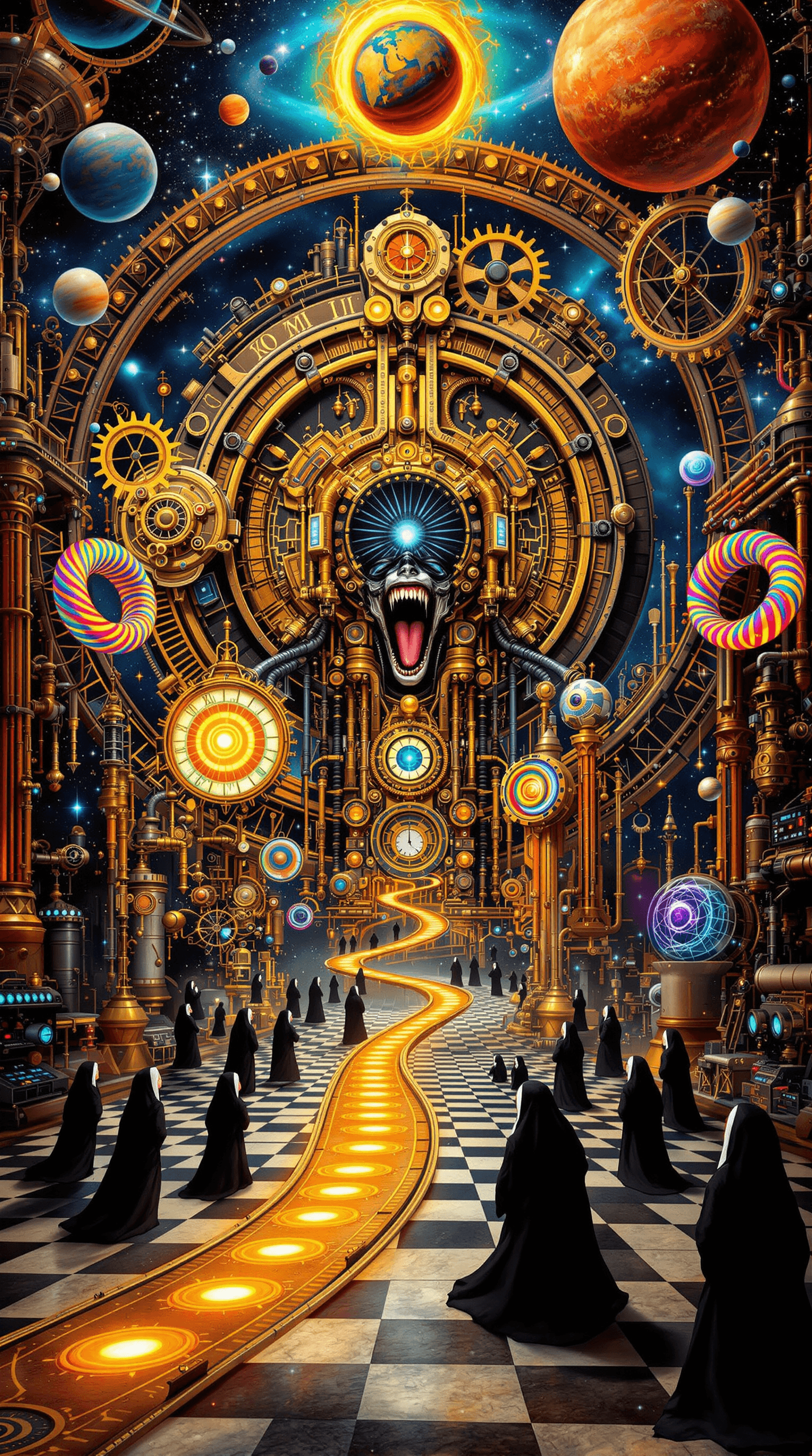 AI generated: This image depicts a highly detailed, fantastical scene with a surreal, steampunk-inspired design. H...