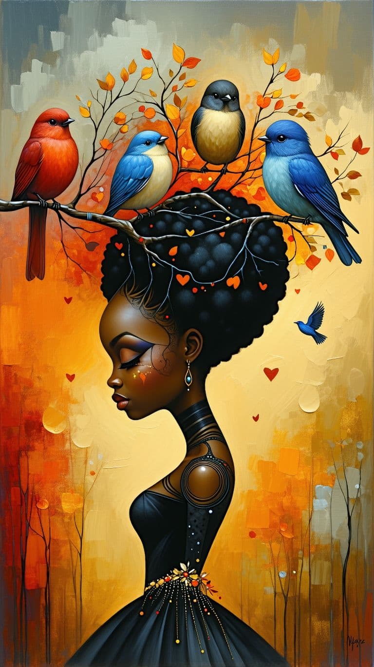 AI generated: art-by-catrin-welz-black-woman--stein-susan-a-black-woman-with-her-cute-adorable-love-birds-tree-mut...