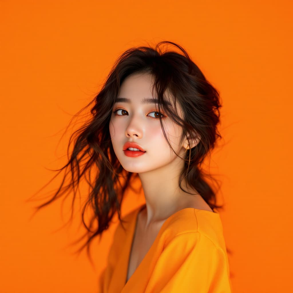 AI generated: photography, orange hue, korean woman model, solid orange backdrop, using a camera setup that mimics...