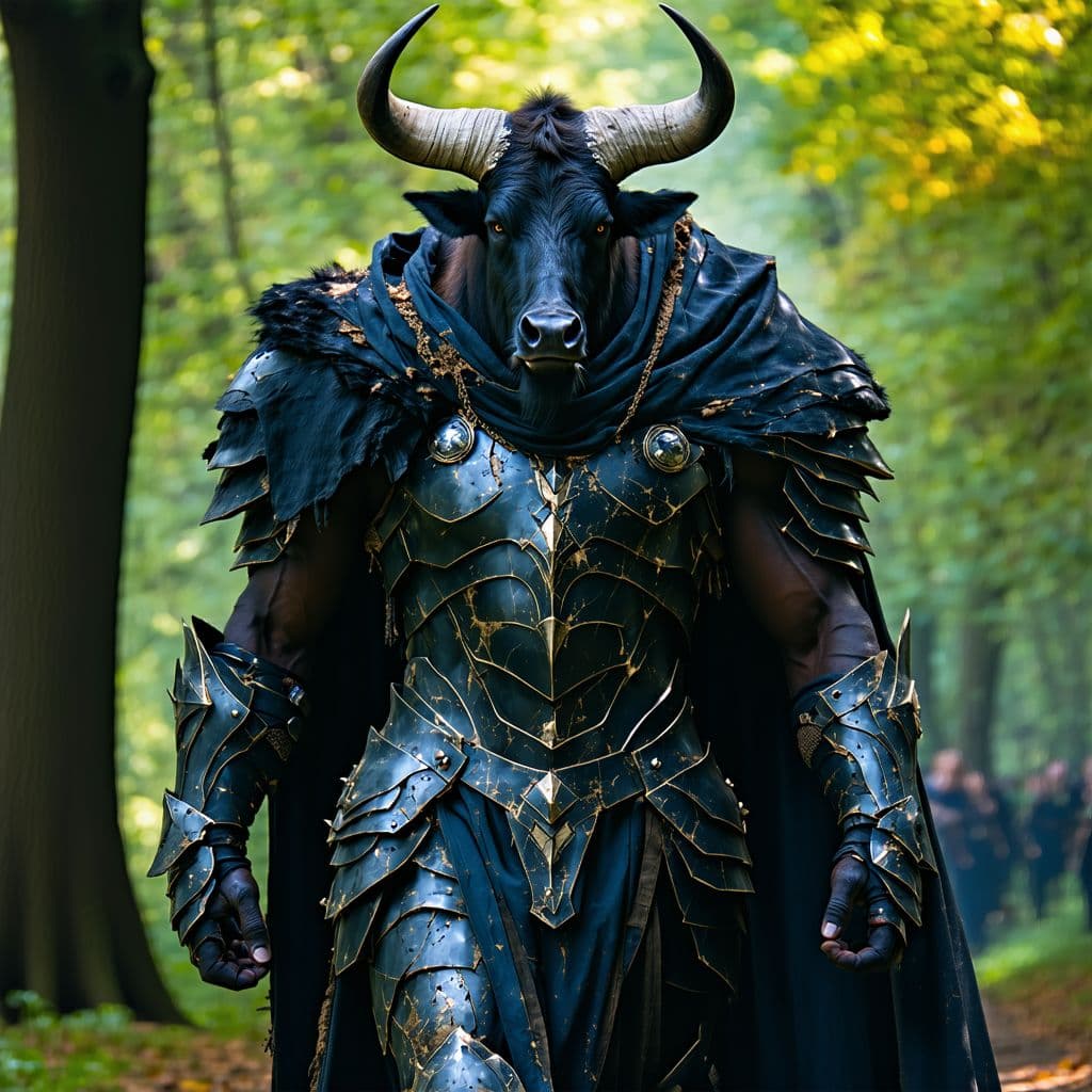 AI generated: A minotaur warrior, his face with humanoid features, clad in battered black armor. His fur-lined clo...
