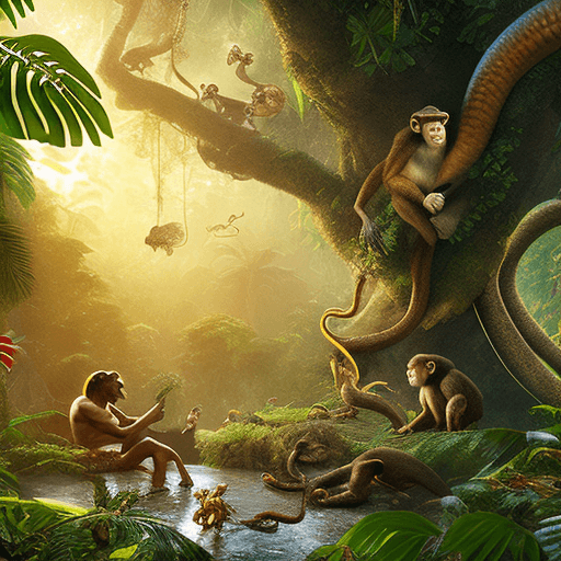 AI generated: High resolution photography at the jungle, with a monkey, a snake and other animals on the scene, a ...