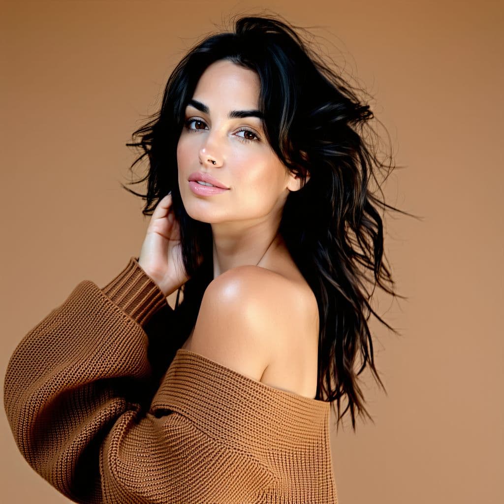 AI generated: A woman with wavy black hair, wearing an off-shoulder oversized brown knit sweater. She gazes softly...