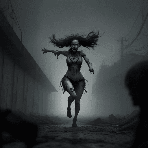 AI generated: A mutant hostile girl is chasing us, necklace, gray lighting, painful, deformed body, pessimistic at...