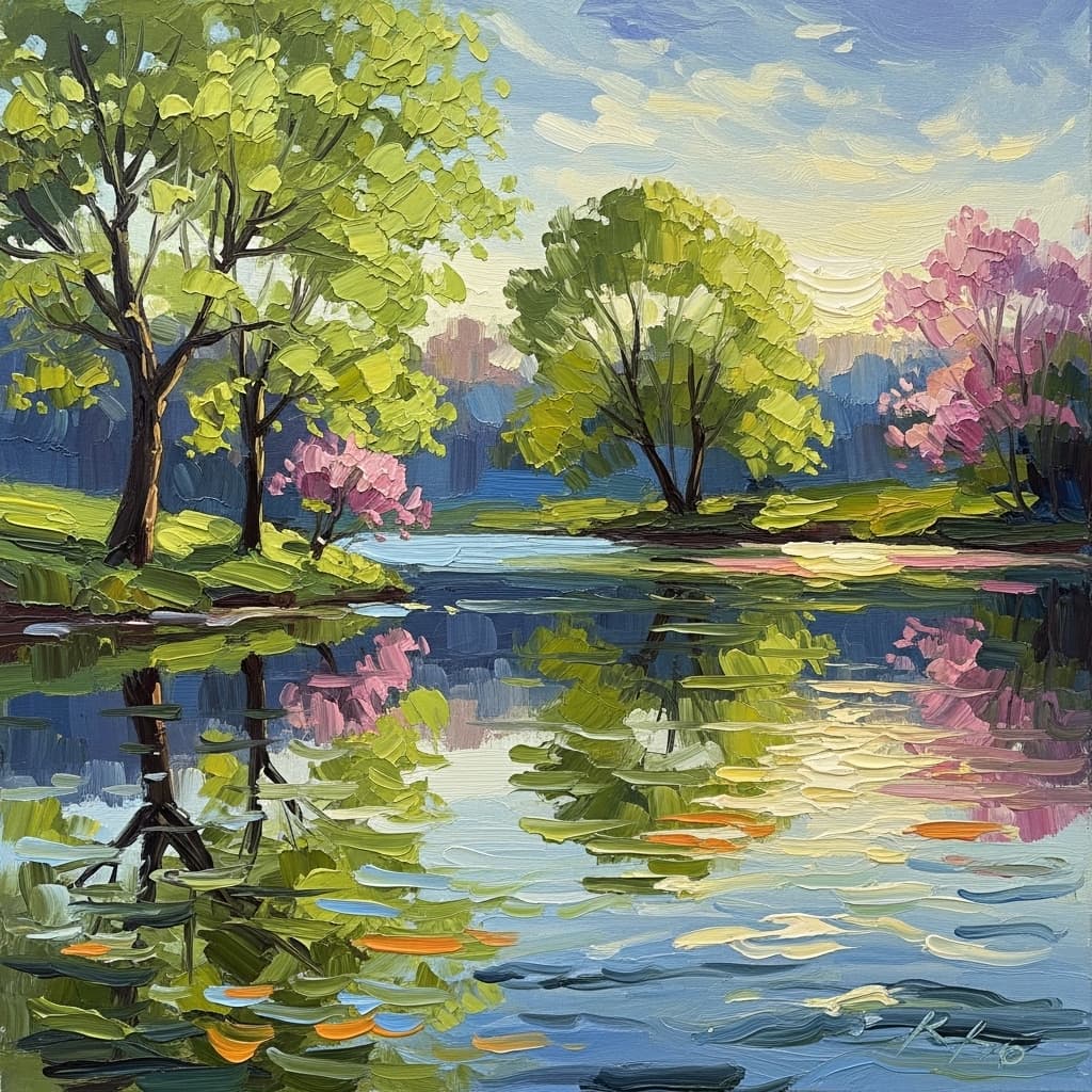 AI generated: Spring landscape, trees, water, impressionism style