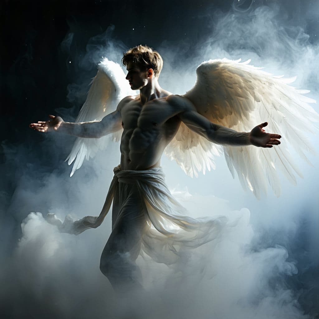 AI generated: An artist's oil painting of a masculine male, a strong angel with light brown hair, flying with arms...