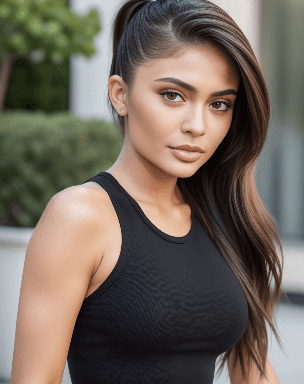 AI generated: (koh_kyliejenner:0.99) (((ponytail))) wearing black tank top and denim shorts (RAW photo, best quali...