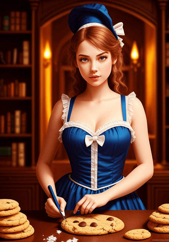 AI generated: a beautiful Alice in Wonderland, (half body shot:1.2), makes cookies, magic castle atmosphere, midni...