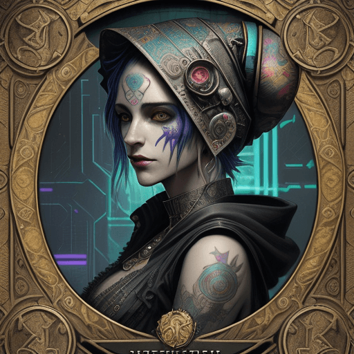 AI generated: tarot card with intricate detailed frame around the outside |portrait of cyberpunk head with jester ...