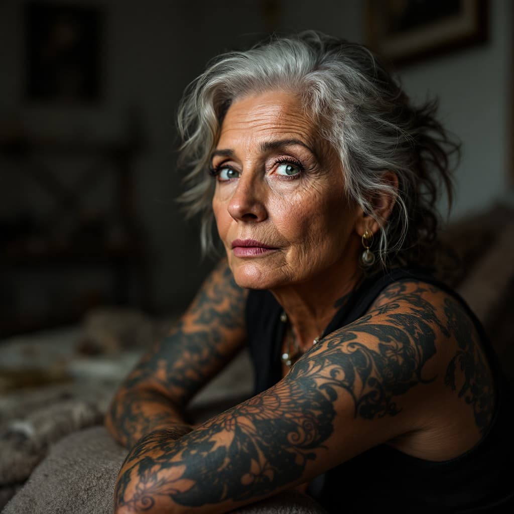 AI generated: style photographique réaliste, une femme, âgée, tatouée sur tout le corps