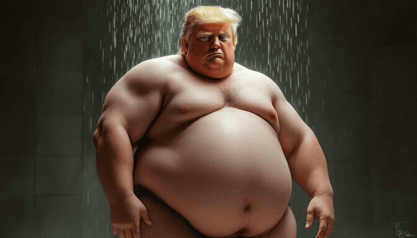 AI generated: Full body protrait of very fat donald trump showers naked. very small pipi