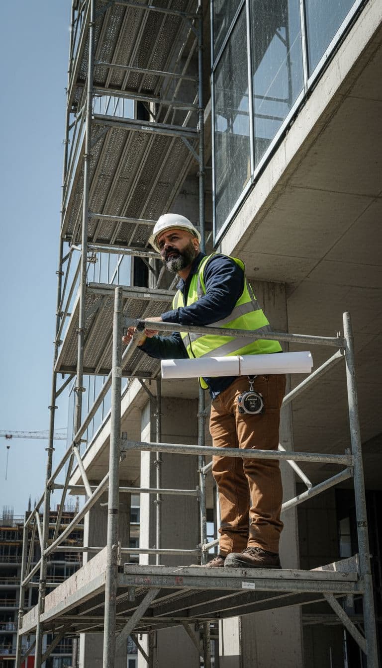 AI generated: Subject: A focused late-20s man. Clothing: Clean white construction helmet, fluorescent safety vest ...