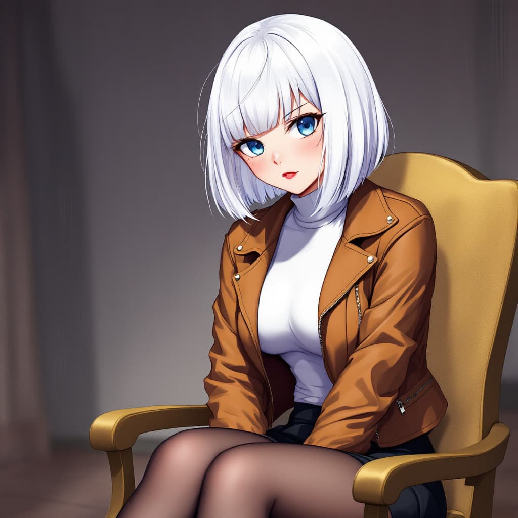 AI generated: anime, woman, white hair, bob cut, blue eyes, freckles, red lips, bored expression, brown leather ja...