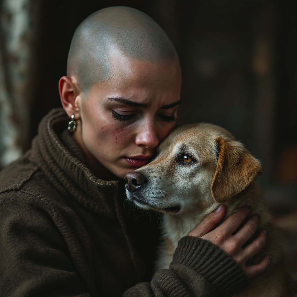 AI generated: A heartwarming scene of a sad teary eyed bald young woman   and a dog sharing a moment of companions...
