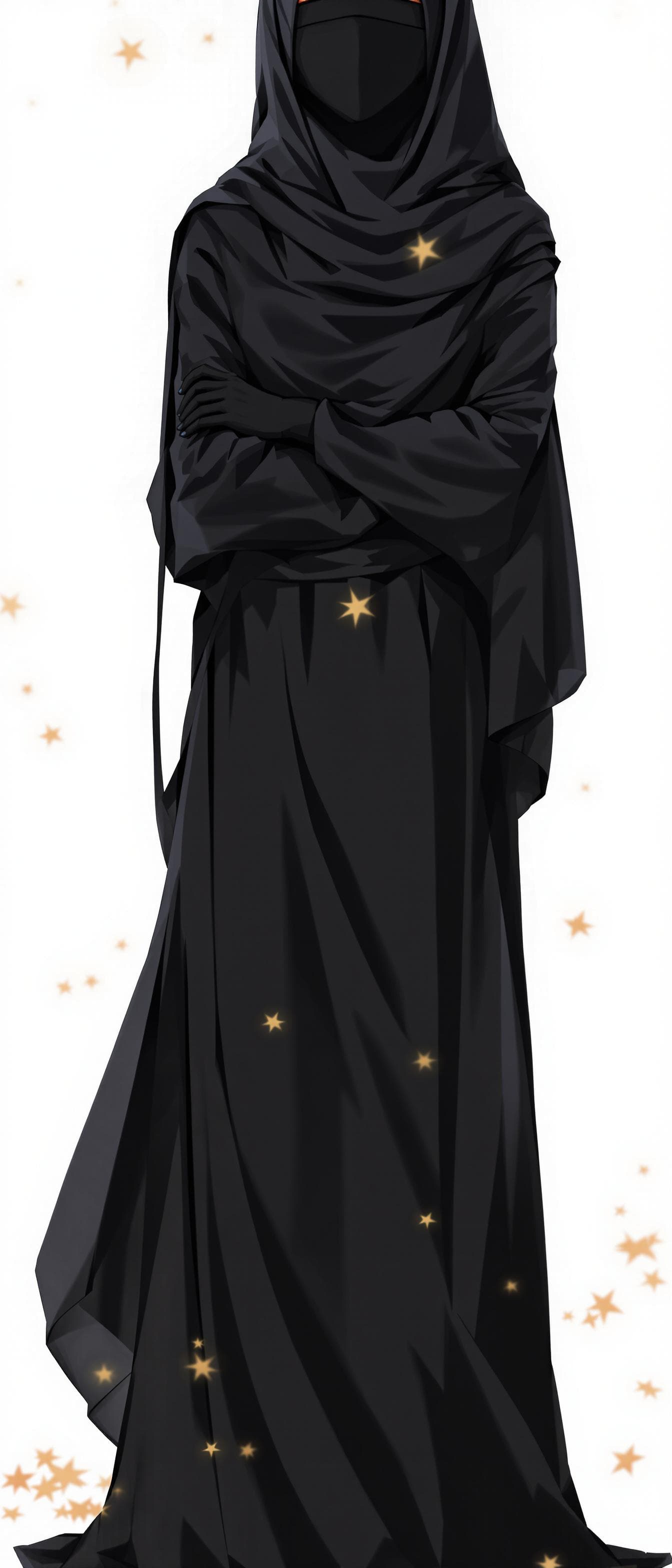 AI generated: manga anime, full body, wearing a black hijab with the covering face like a Arabian woman in black c...