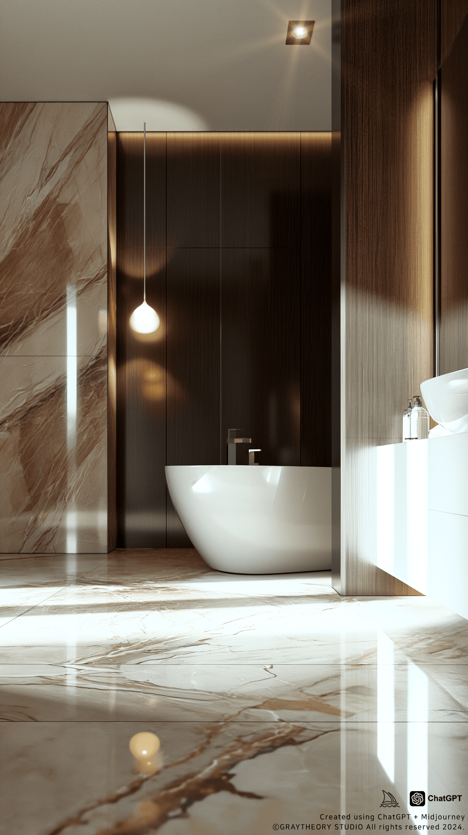 AI generated: Cinematic view of a modern chic bathroom, marble tiling and a freestanding tub, sleek fixtures, ultr...