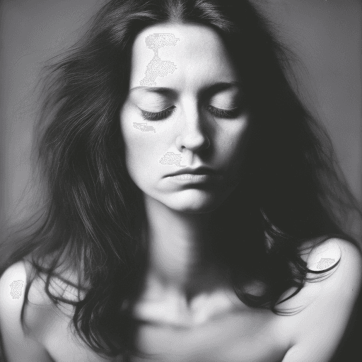 AI generated: 8K, Black and White photo, A soul-stirring portrait of a woman, eyes closed, head tilted slightly do...