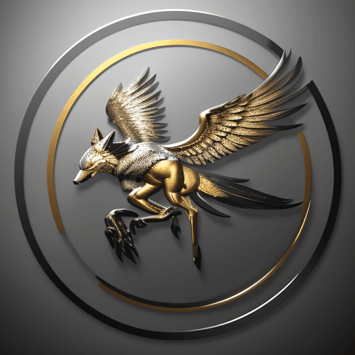 AI generated: M2R 3D logo, winged wolf in a silver-gold circle, dark and bright background, written "Da'a Raker" i...