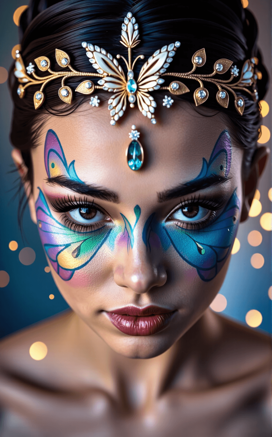 AI generated: A breathtaking macro close-up portrait of a woman’s face, her skin adorned with intricate butterfly ...