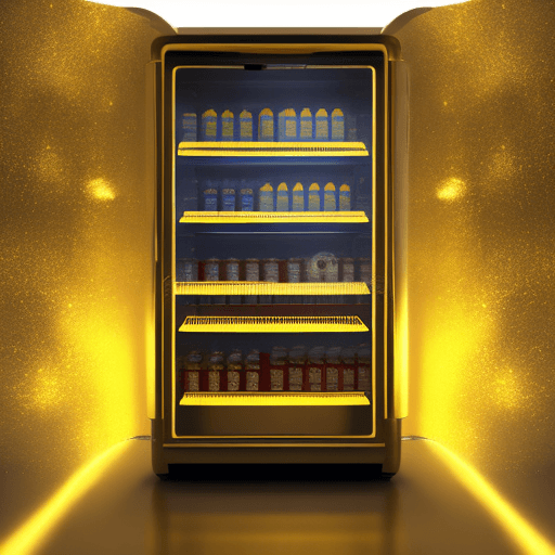 AI generated: Commercial photography, powerful gold dust explosion, luxury convenience store cooler cabinet, yello...