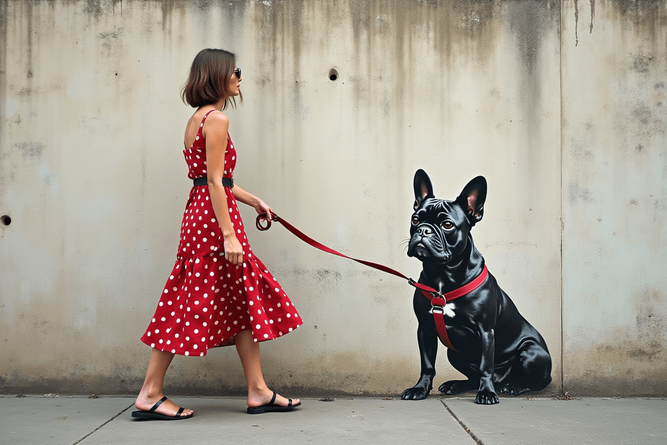 AI generated: a woman in a red polka dot dress walking in front of a concrete wall, holding a dog leash, but the d...