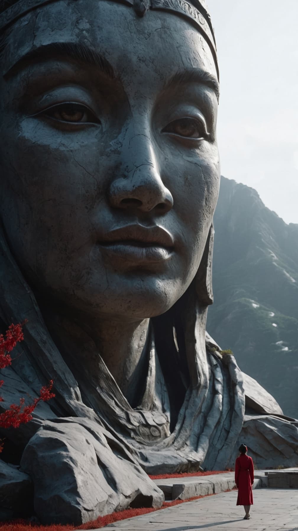 AI generated: a large statue with a woman looking at it, in the style of photorealism fantasy, northern china's te...