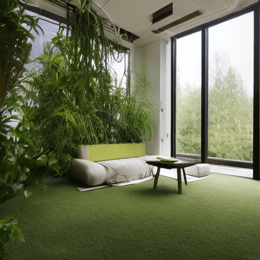 AI generated: High resolution photography interior design, dreamy sunken vertical farming conversation pit, concre...