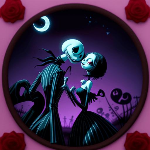 AI generated: The Nightmare Before Valentines Day, Jack Skellington and Sally showing affection, a Valentine love ...
