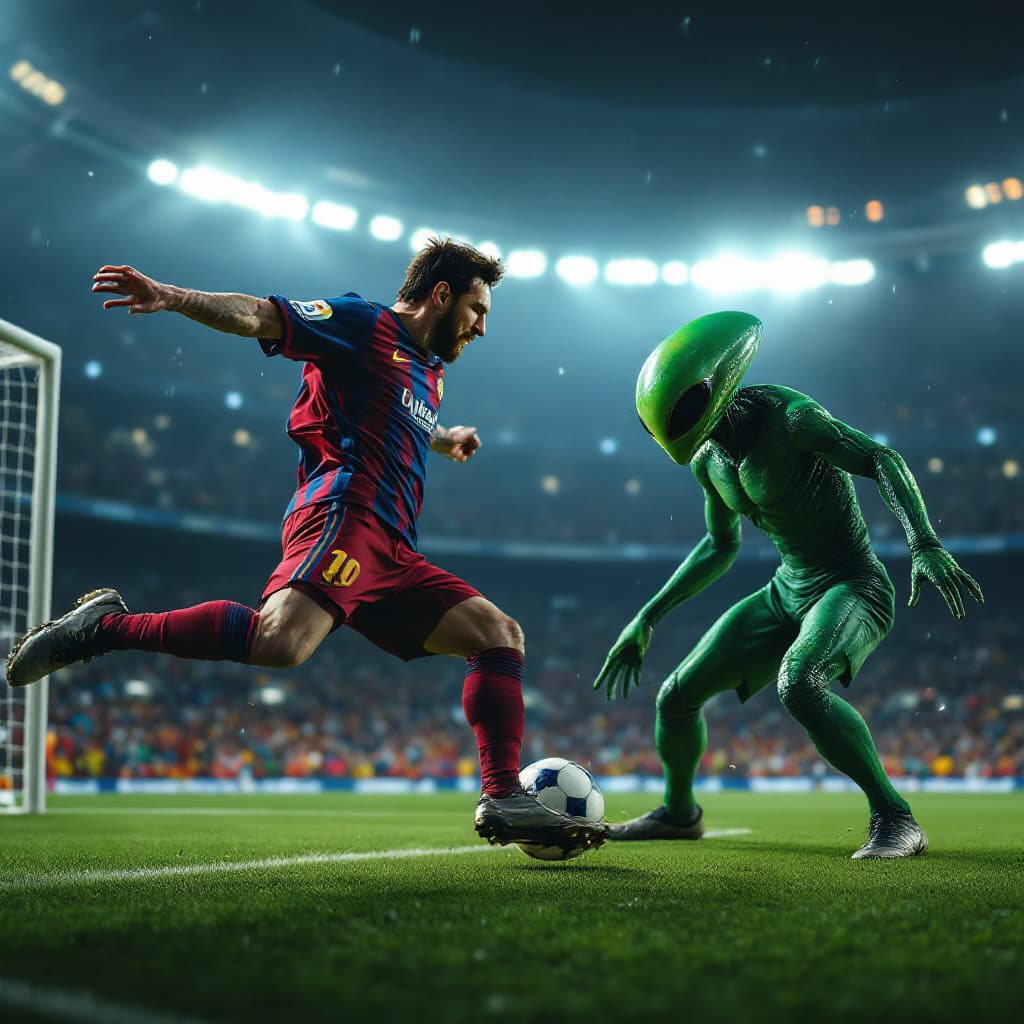 AI generated: Lionel Messi playing football and scoring a goal against a green martian with a classic green alien ...