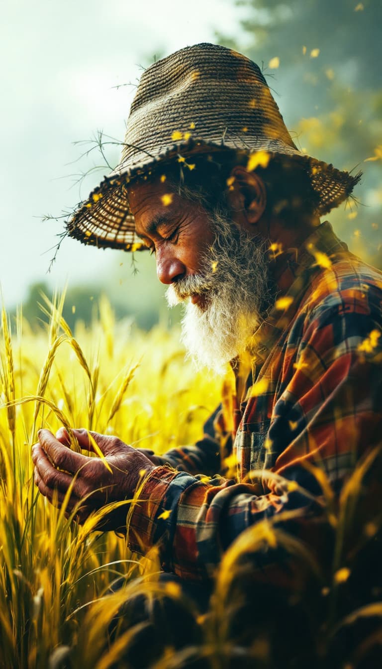 AI generated: Asian farmer man + rice double color exposure effect